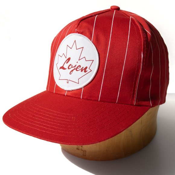 Vintage Varsity Style Red White Striped Snapback Hat Canadian Maple Lojen Patch - Picture 1 of 10